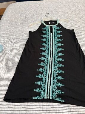 Black Sleeveless Dress with Turquoise Embroidery  - size large